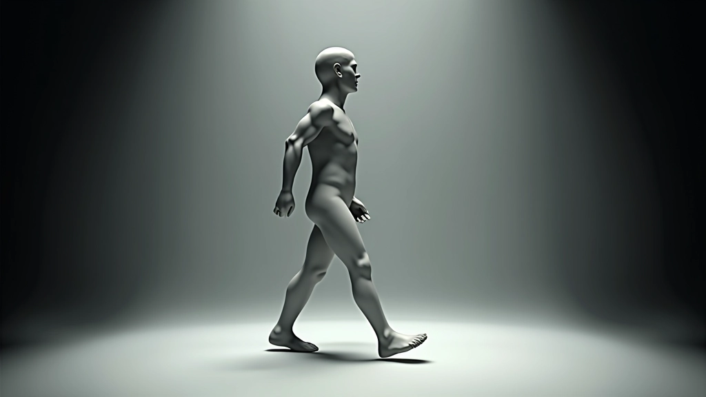 3D character model demonstration showing weight distribution shift during walking cycle with center of gravity visualization and balance points