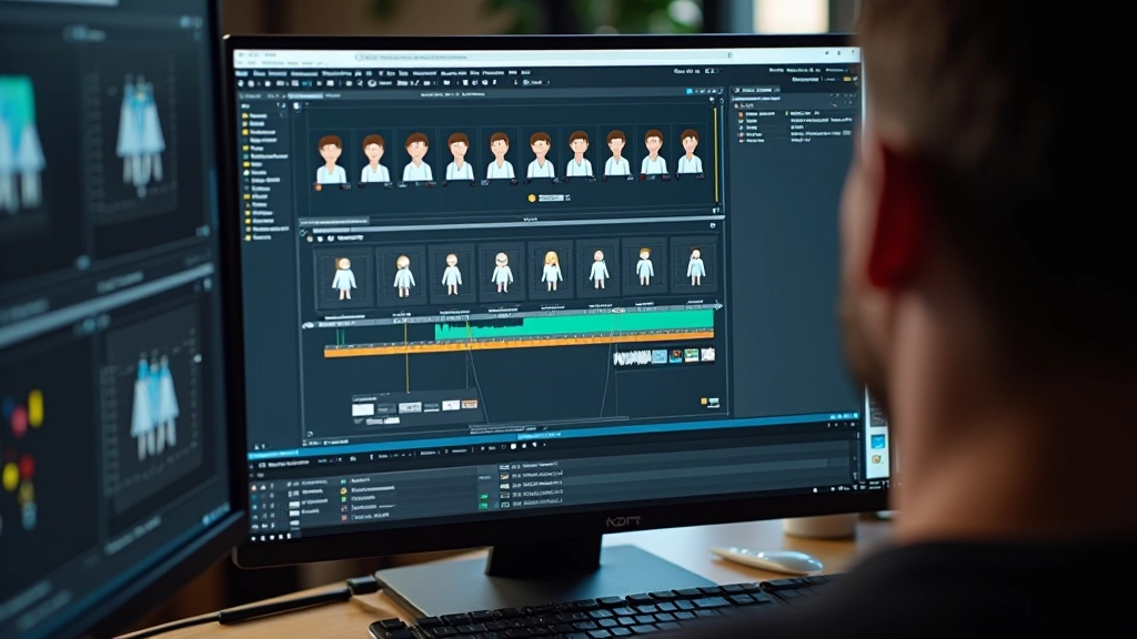 Animation timeline showing keyframes and character movement sequences