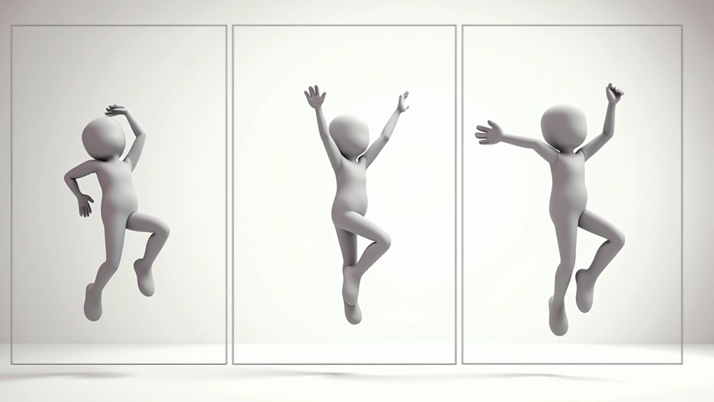 Character animation sequence showing three frames of a jump action with clear anticipation crouch pose, mid-air extension, and landing recovery position