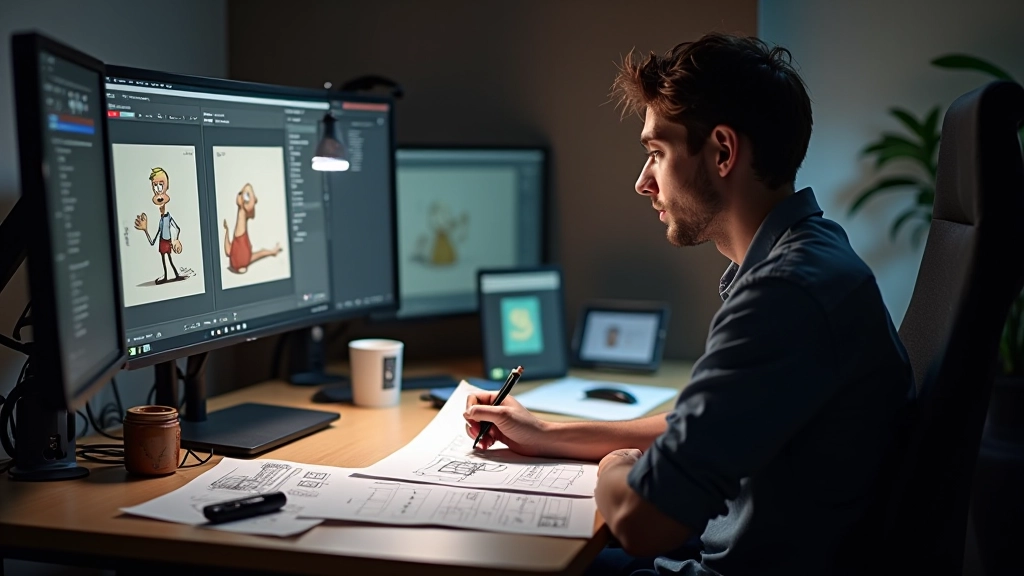 Animator reviewing keyframe timing on a storyboard, examining frame-by-frame breakdown of character jump sequence with multiple pose variations