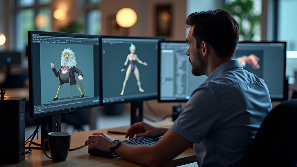 Professional animator working at computer workstation with dual monitors displaying character animation software with multiple animation layers and timeline visible