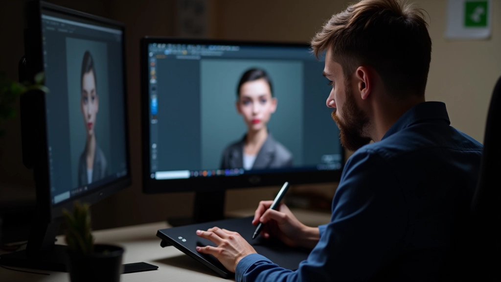 Digital artist creating character design at professional workstation