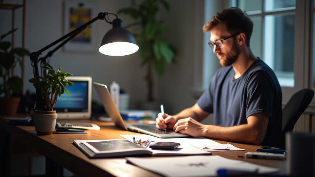 Digital art tablet and stylus on creative workspace with design sketches