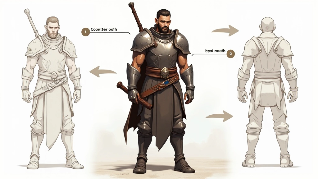 Character design breakdown showing armor, clothing, and accessory details with annotations explaining functional and visual purposes