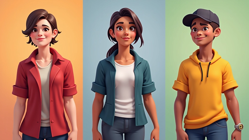Color palette demonstration showing primary, secondary, and accent colors applied to game character designs