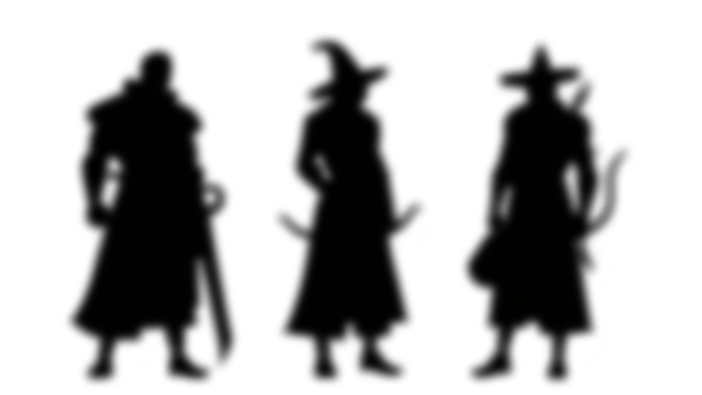 Character silhouette comparison showing distinct shapes of warrior, mage, and archer characters in black profile
